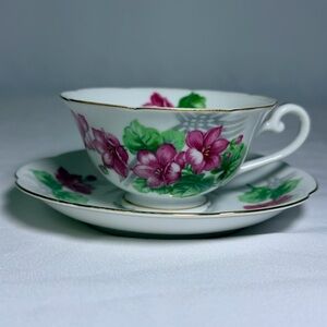 Vintage Jyoto Pink Floral Teacup and Saucer Set With Gold Trim Accents